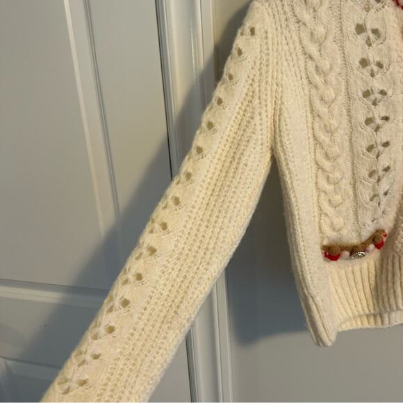 Maje White Red Brown Eyelet Alpaca Wool Cardigan Sweater 2 Medium - Picture 13 of 15